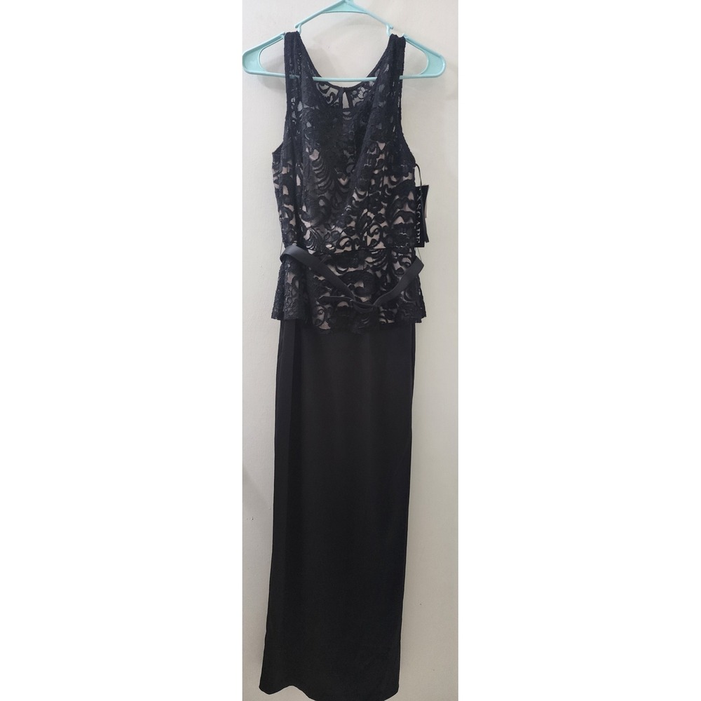 XSCAPE Black Lace Peplum Gown Sleeveless Formal Maxi Dress XS4616‎ Size 8